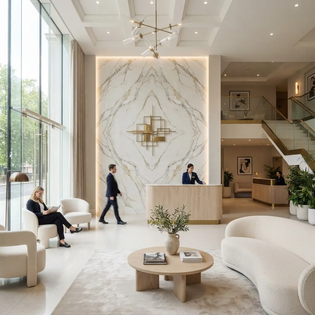 Mermer dekoratif duvarı ve ahşap panelli iç mekânıyla bir otel resepsiyonu