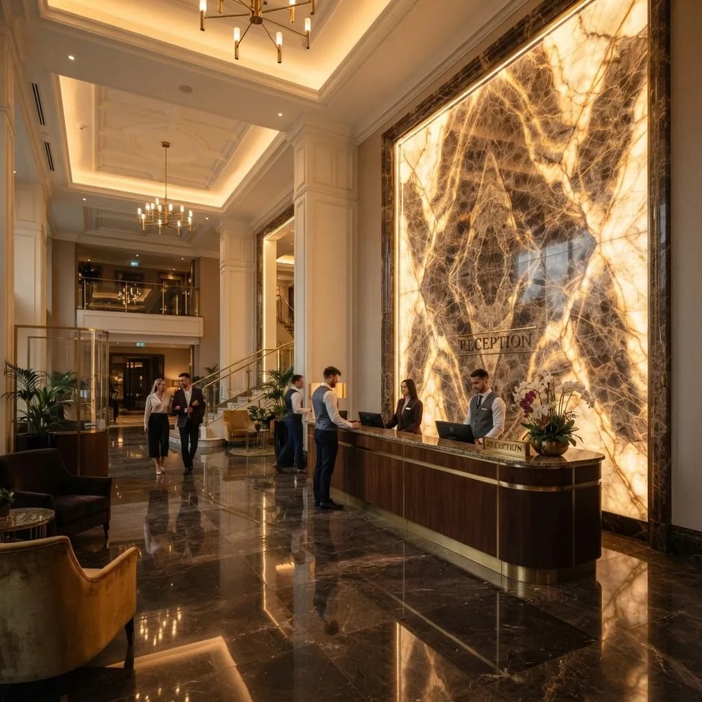 Arkadan aydınlatmalı mermer duvarlı bir otel lobisi